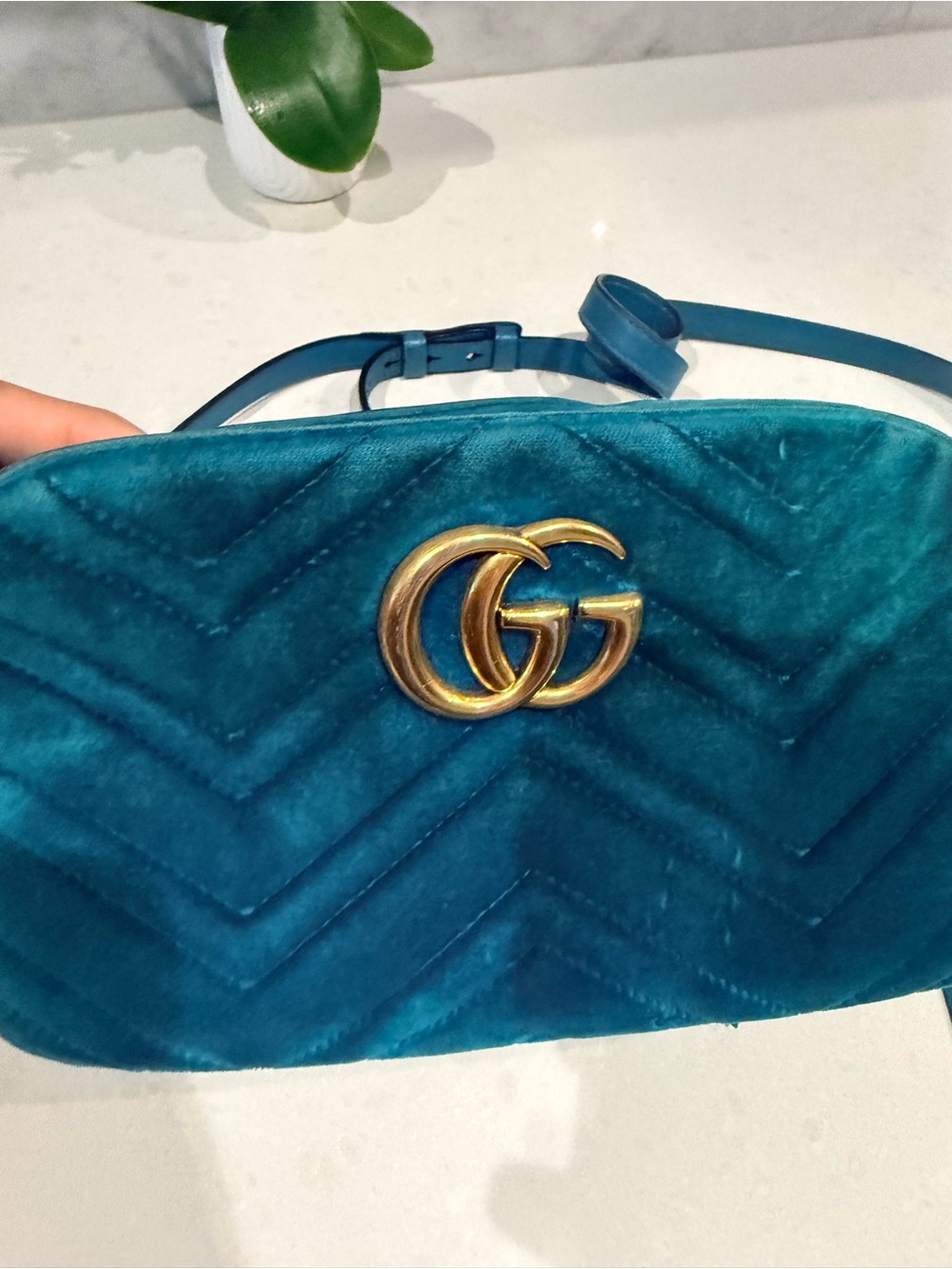 Gucci Blue Velvet Mini Belt Bag with Gold Double G